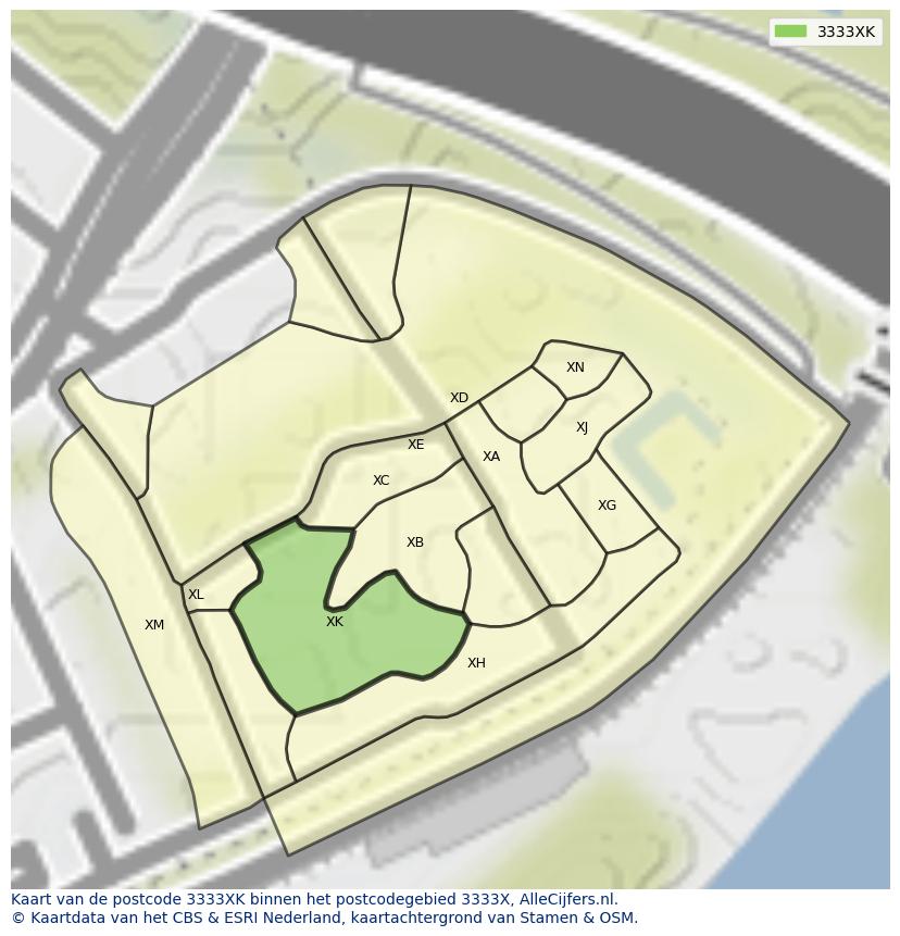 Afbeelding van het postcodegebied 3333 XK op de kaart.