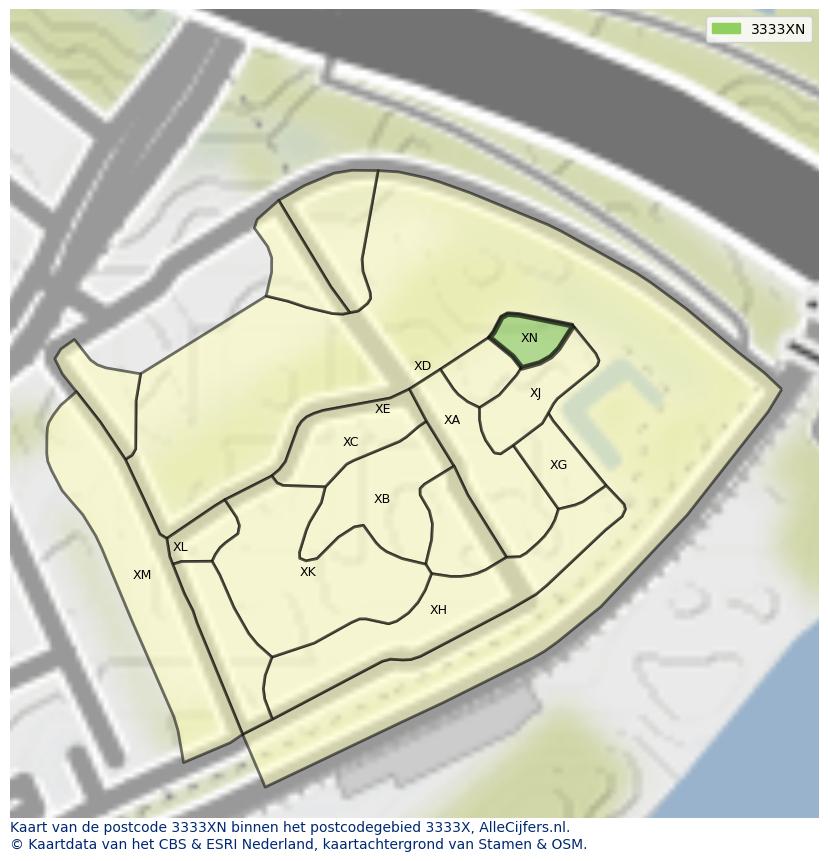 Afbeelding van het postcodegebied 3333 XN op de kaart.