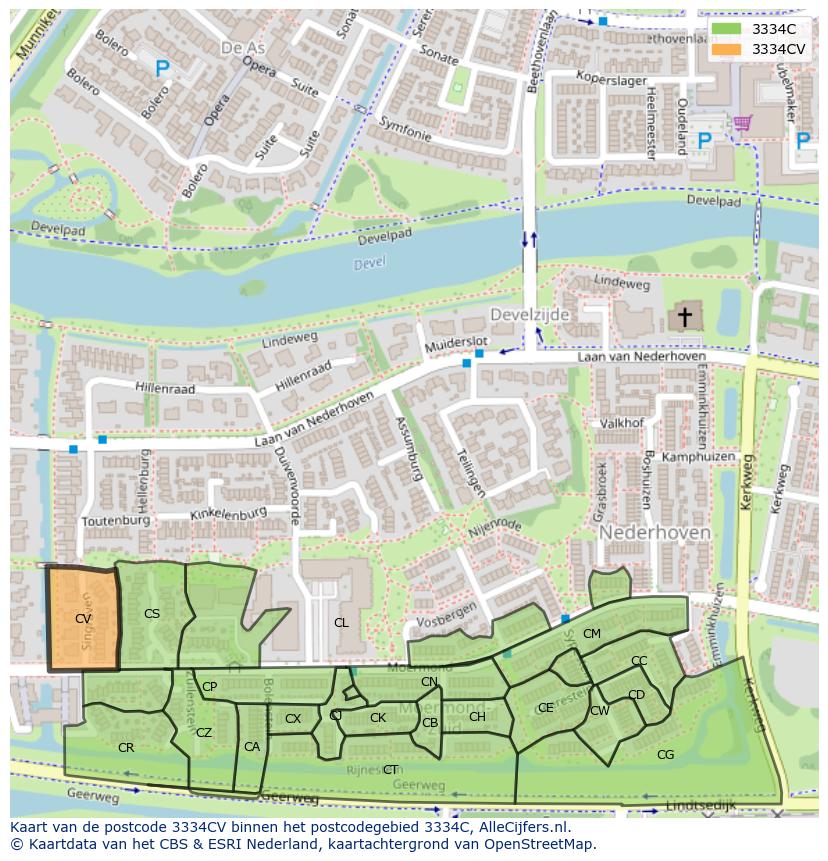 Afbeelding van het postcodegebied 3334 CV op de kaart.