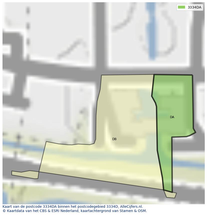 Afbeelding van het postcodegebied 3334 DA op de kaart.