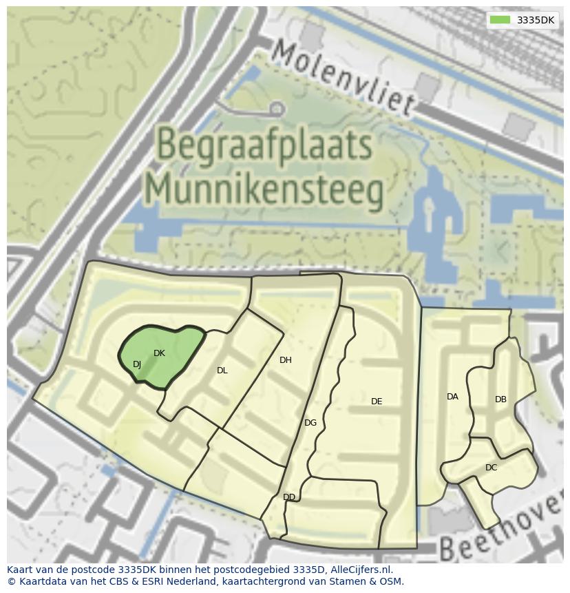 Afbeelding van het postcodegebied 3335 DK op de kaart.