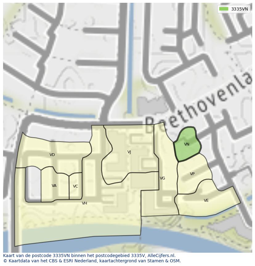 Afbeelding van het postcodegebied 3335 VN op de kaart.
