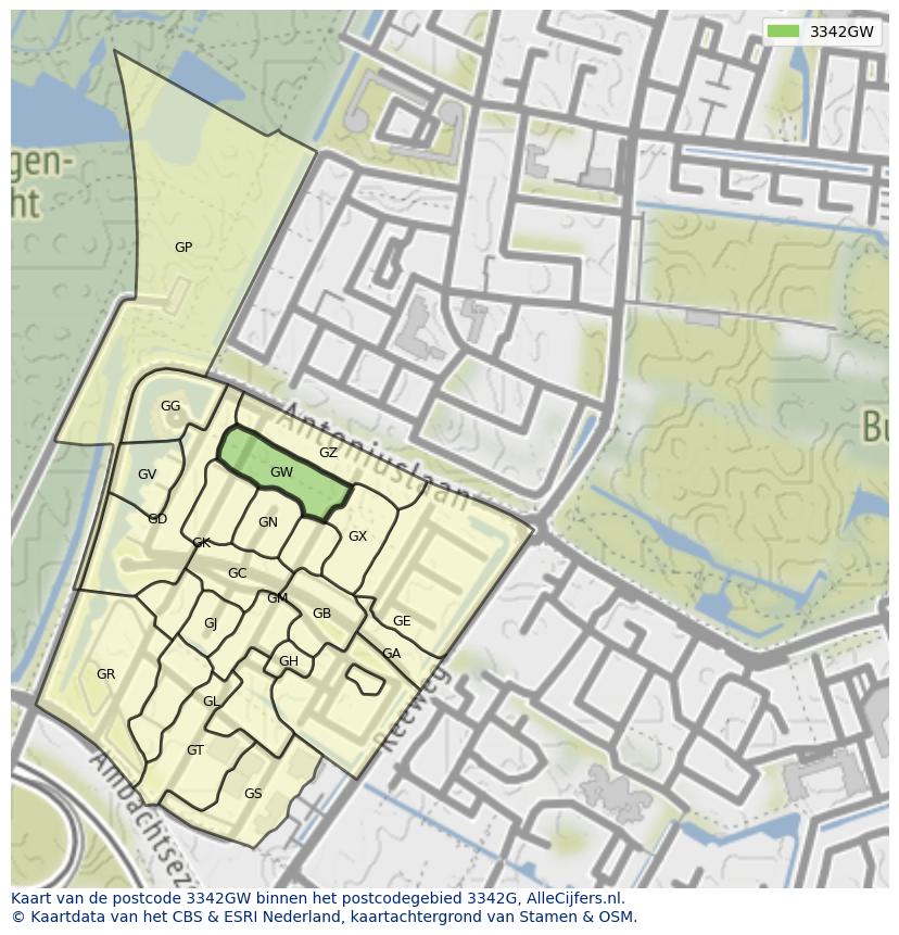 Afbeelding van het postcodegebied 3342 GW op de kaart.
