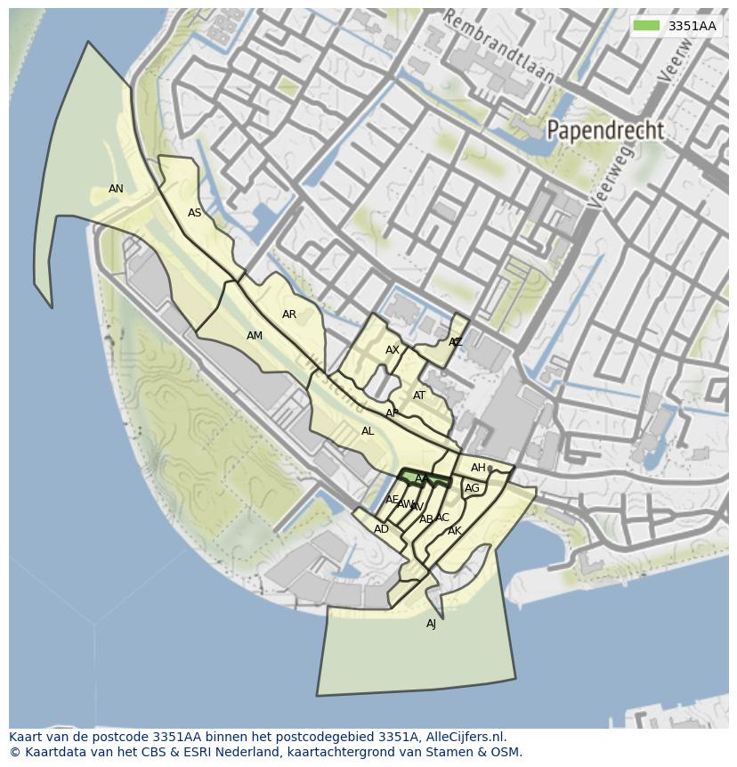 Afbeelding van het postcodegebied 3351 AA op de kaart.