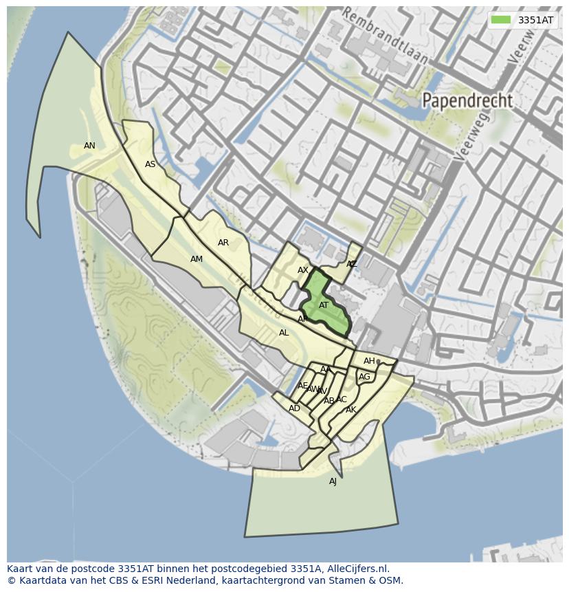 Afbeelding van het postcodegebied 3351 AT op de kaart.