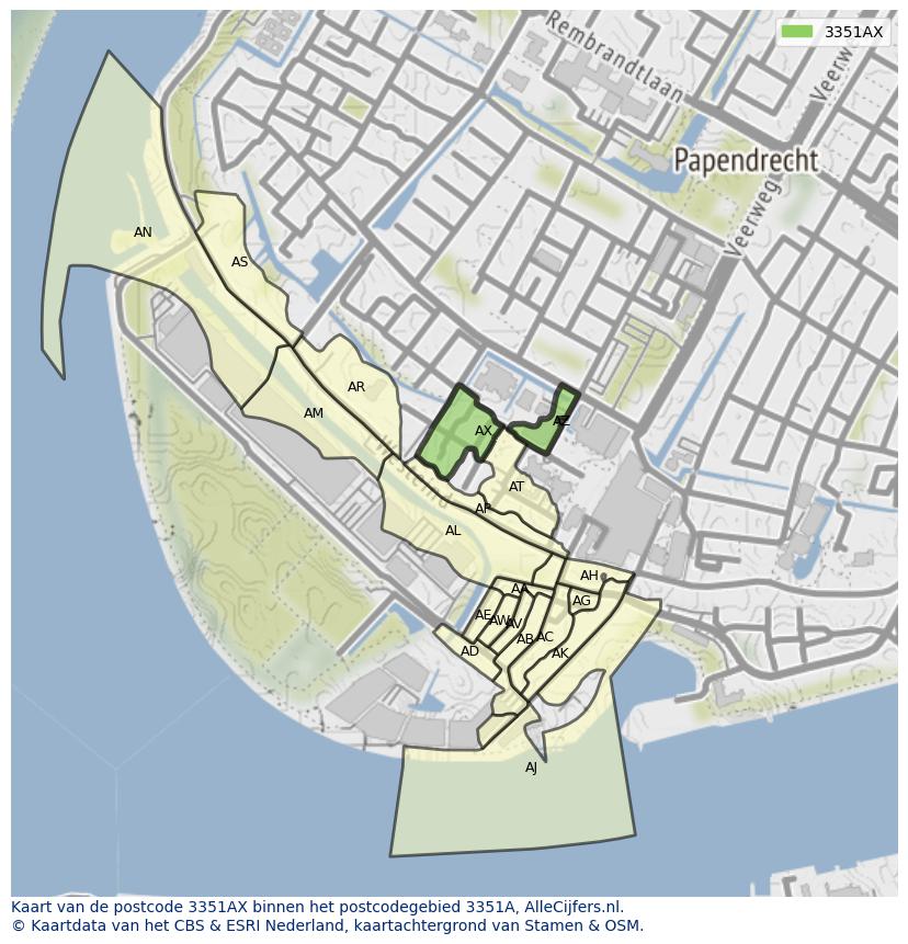 Afbeelding van het postcodegebied 3351 AX op de kaart.