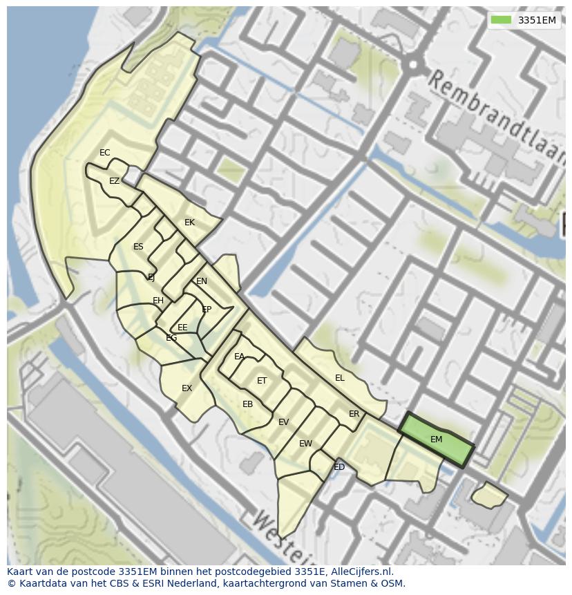 Afbeelding van het postcodegebied 3351 EM op de kaart.