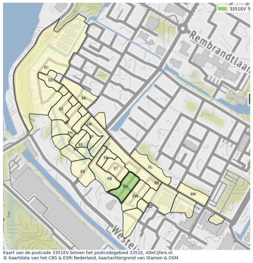 Afbeelding van het postcodegebied 3351 EV op de kaart.