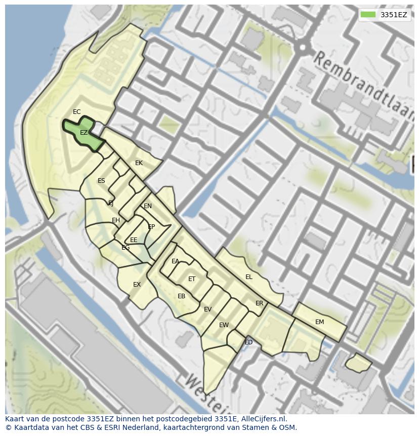 Afbeelding van het postcodegebied 3351 EZ op de kaart.