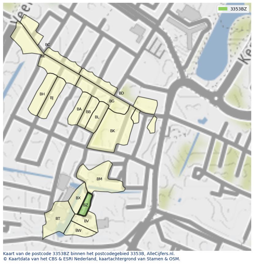 Afbeelding van het postcodegebied 3353 BZ op de kaart.