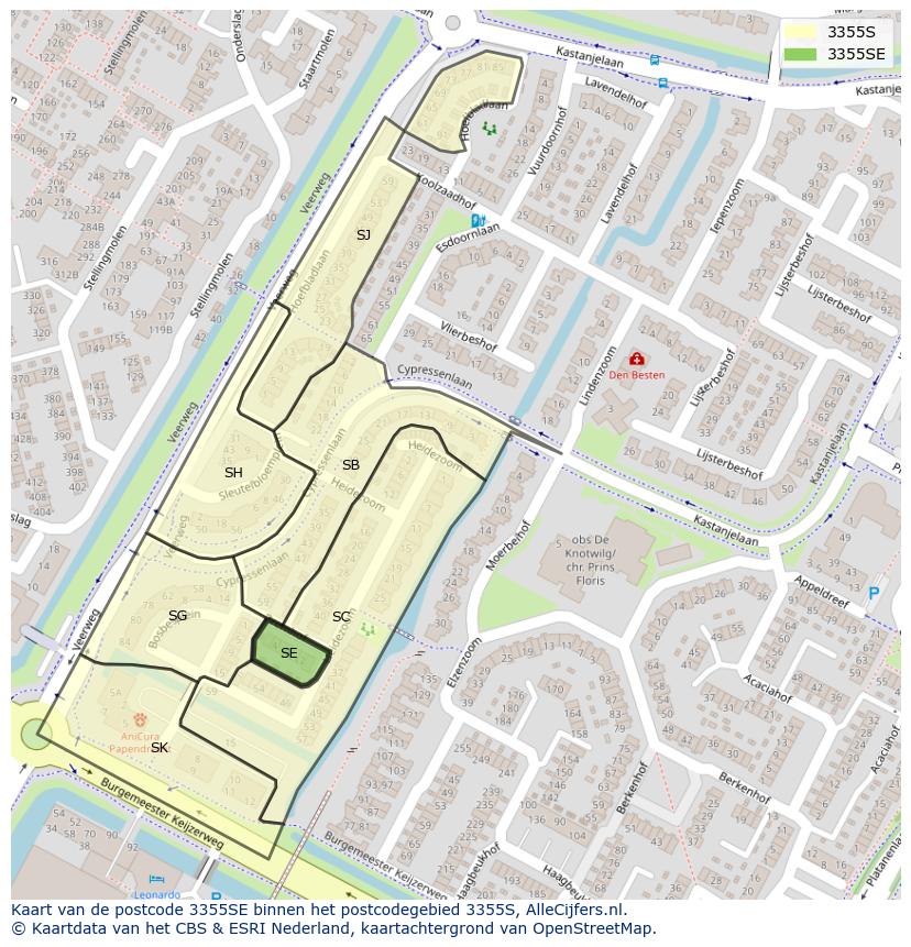 Afbeelding van het postcodegebied 3355 SE op de kaart.