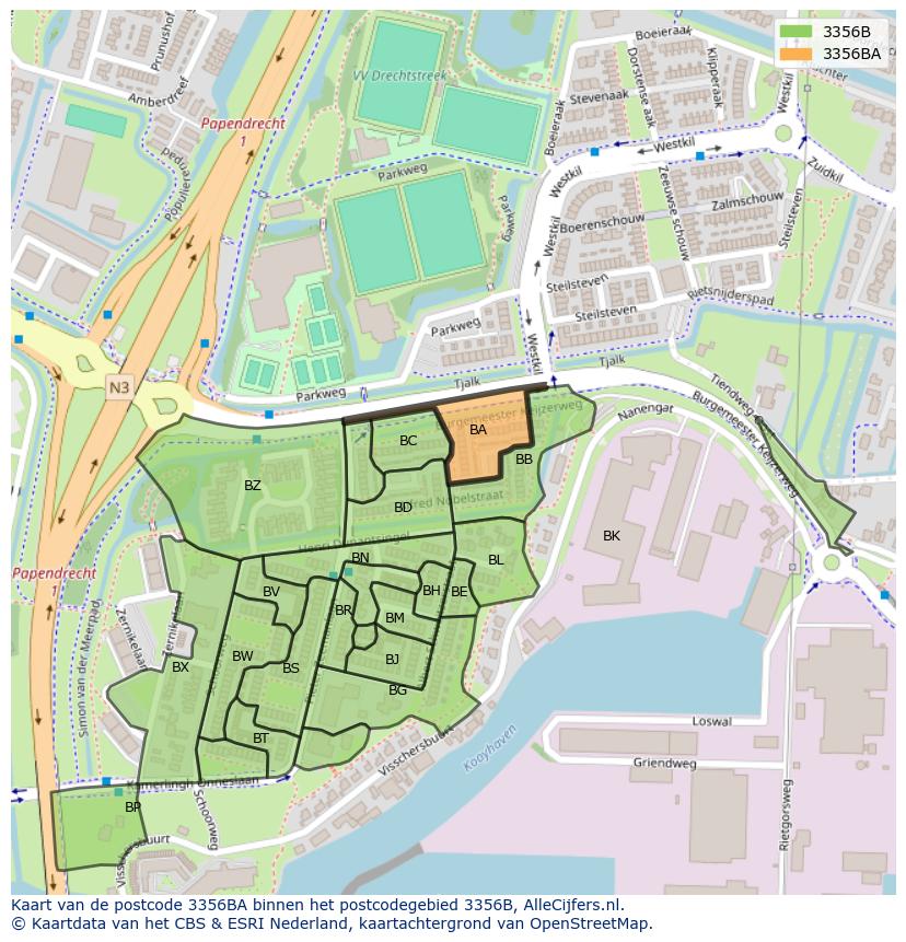 Afbeelding van het postcodegebied 3356 BA op de kaart.