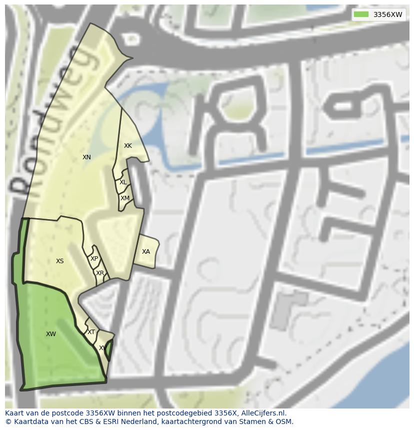 Afbeelding van het postcodegebied 3356 XW op de kaart.