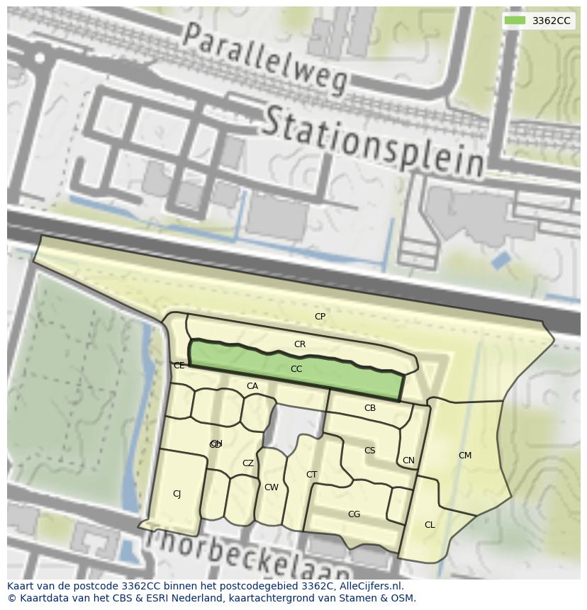 Afbeelding van het postcodegebied 3362 CC op de kaart.