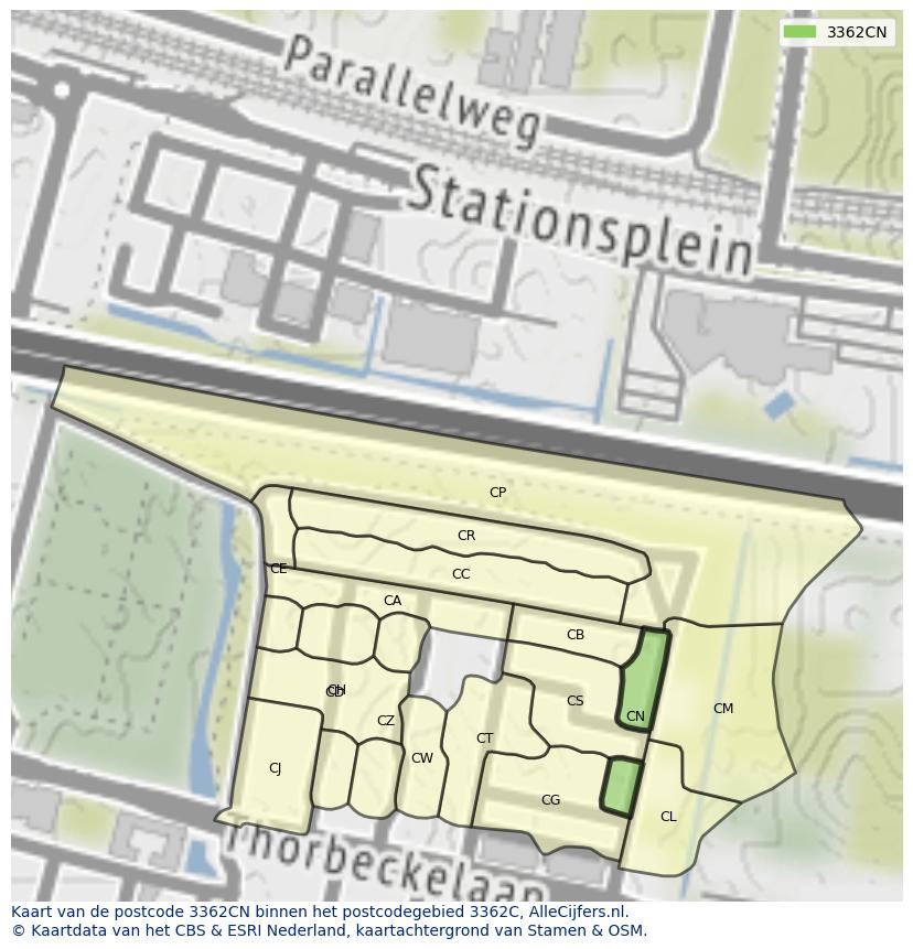 Afbeelding van het postcodegebied 3362 CN op de kaart.