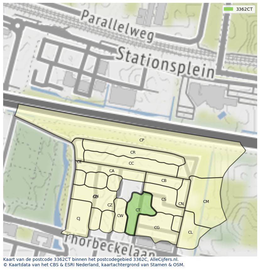 Afbeelding van het postcodegebied 3362 CT op de kaart.