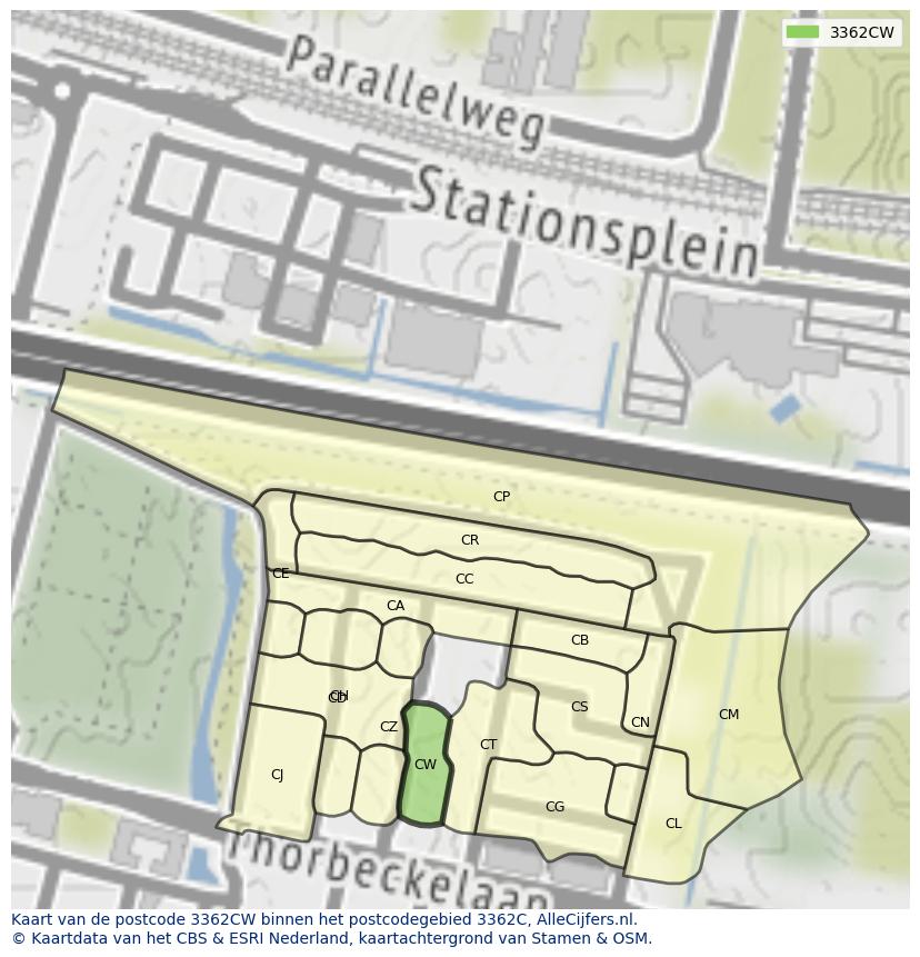 Afbeelding van het postcodegebied 3362 CW op de kaart.