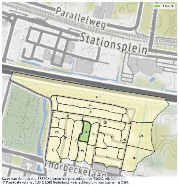 Afbeelding van het postcodegebied 3362 CX op de kaart.