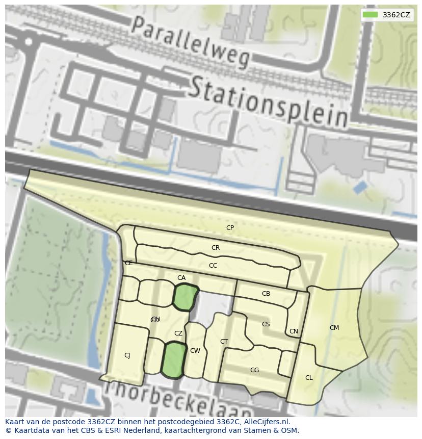 Afbeelding van het postcodegebied 3362 CZ op de kaart.