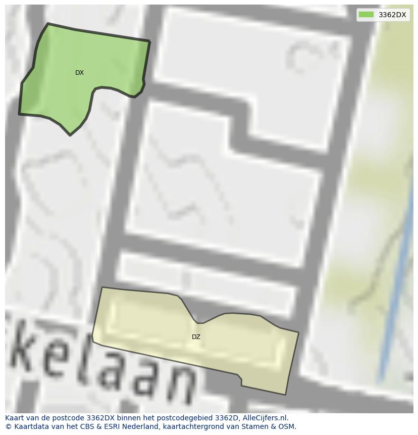 Afbeelding van het postcodegebied 3362 DX op de kaart.