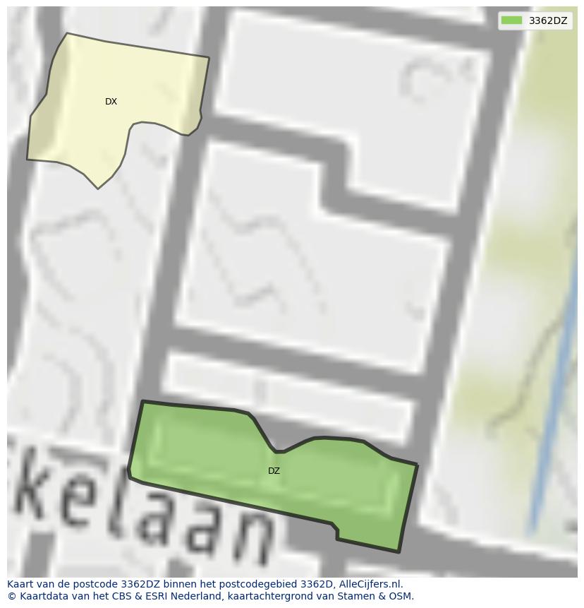 Afbeelding van het postcodegebied 3362 DZ op de kaart.