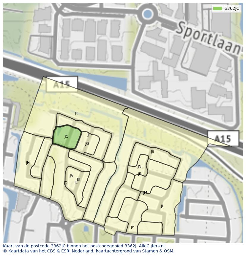 Afbeelding van het postcodegebied 3362 JC op de kaart.