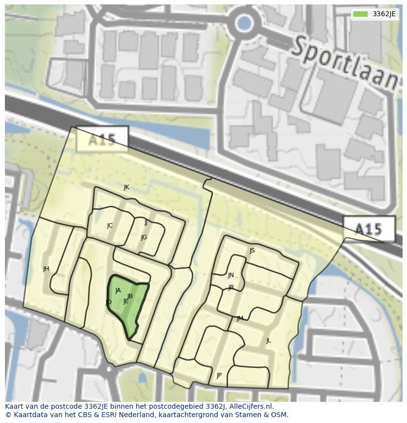Afbeelding van het postcodegebied 3362 JE op de kaart.