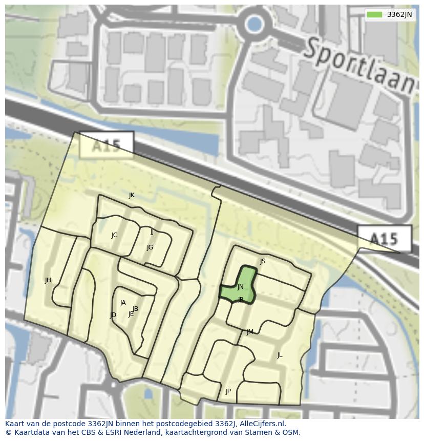 Afbeelding van het postcodegebied 3362 JN op de kaart.
