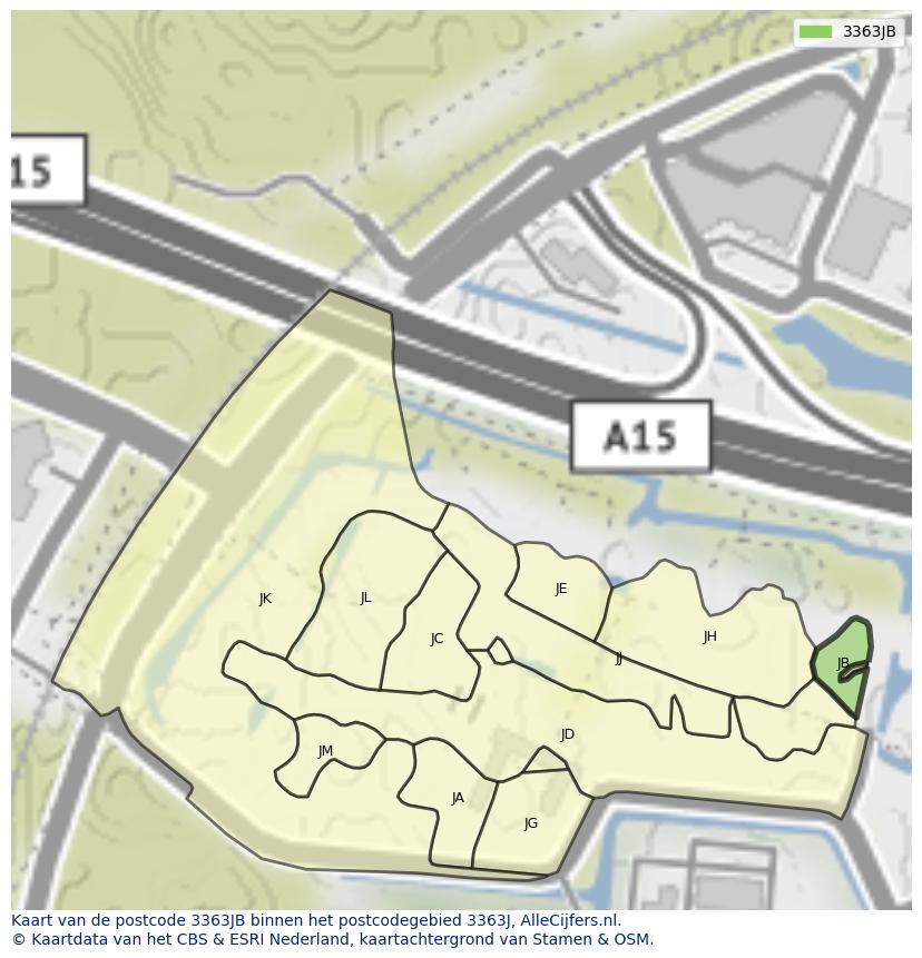 Afbeelding van het postcodegebied 3363 JB op de kaart.