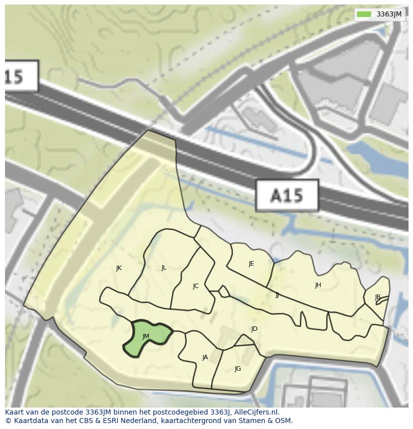 Afbeelding van het postcodegebied 3363 JM op de kaart.