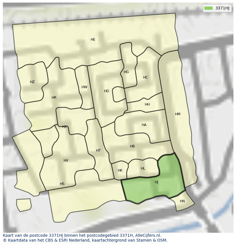 Afbeelding van het postcodegebied 3371 HJ op de kaart.