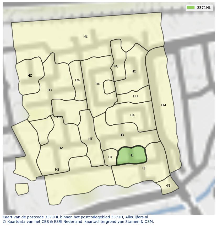 Afbeelding van het postcodegebied 3371 HL op de kaart.