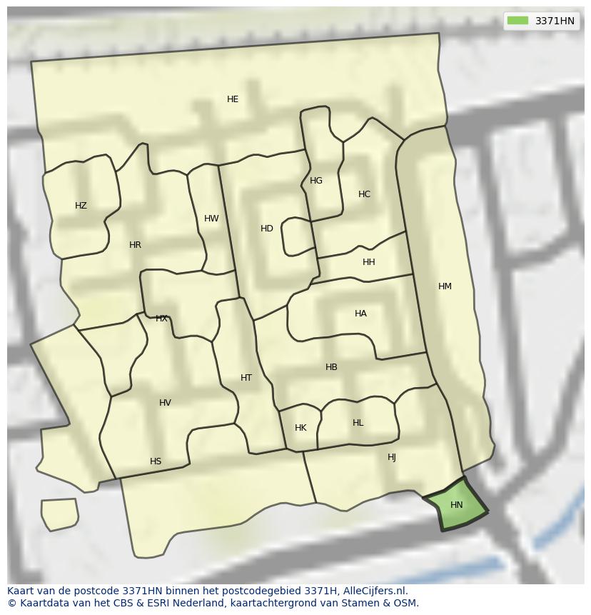 Afbeelding van het postcodegebied 3371 HN op de kaart.