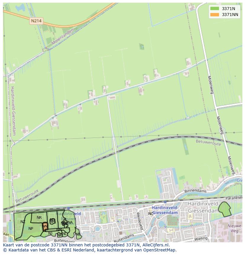 Afbeelding van het postcodegebied 3371 NN op de kaart.