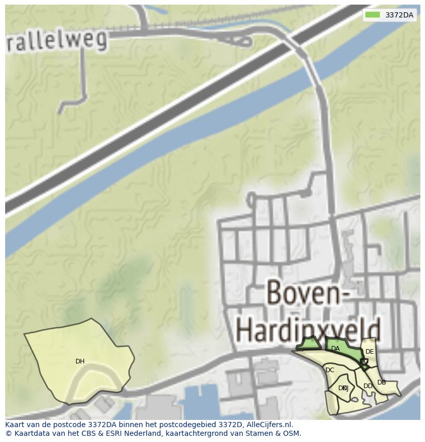 Afbeelding van het postcodegebied 3372 DA op de kaart.