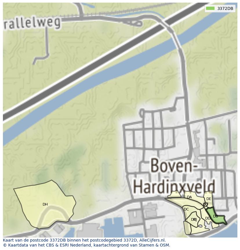 Afbeelding van het postcodegebied 3372 DB op de kaart.