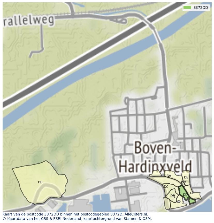 Afbeelding van het postcodegebied 3372 DD op de kaart.