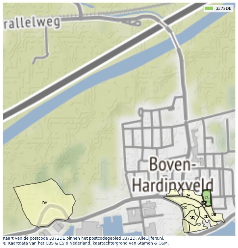 Afbeelding van het postcodegebied 3372 DE op de kaart.
