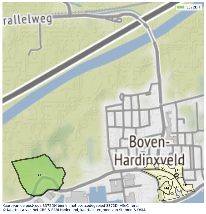 Afbeelding van het postcodegebied 3372 DH op de kaart.