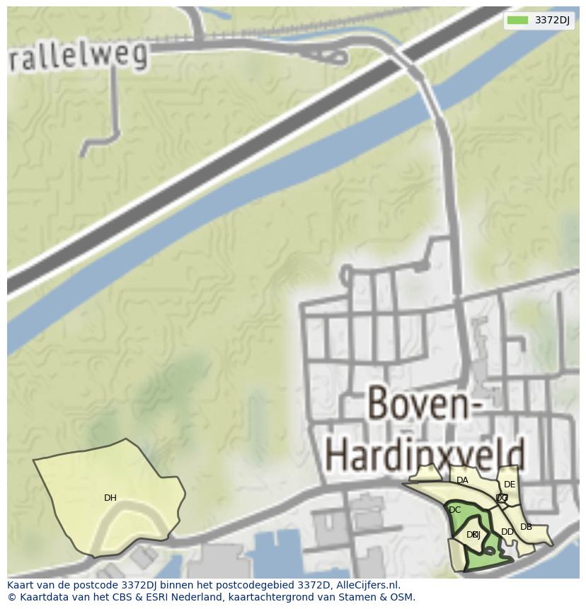 Afbeelding van het postcodegebied 3372 DJ op de kaart.