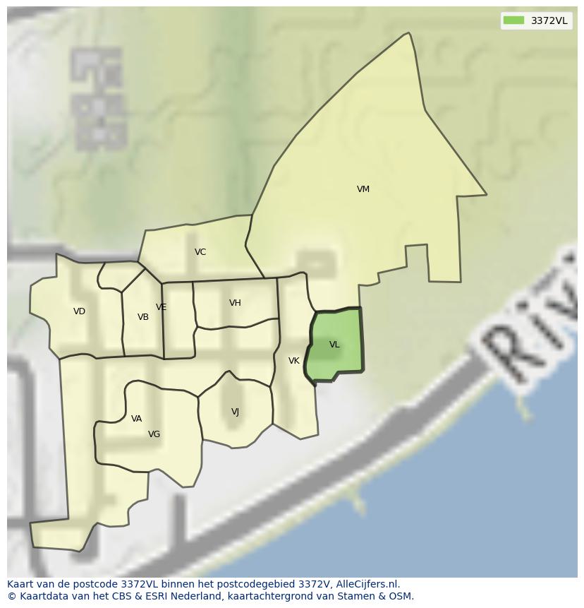 Afbeelding van het postcodegebied 3372 VL op de kaart.