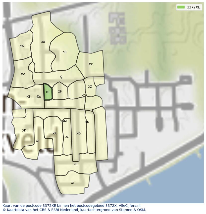 Afbeelding van het postcodegebied 3372 XE op de kaart.