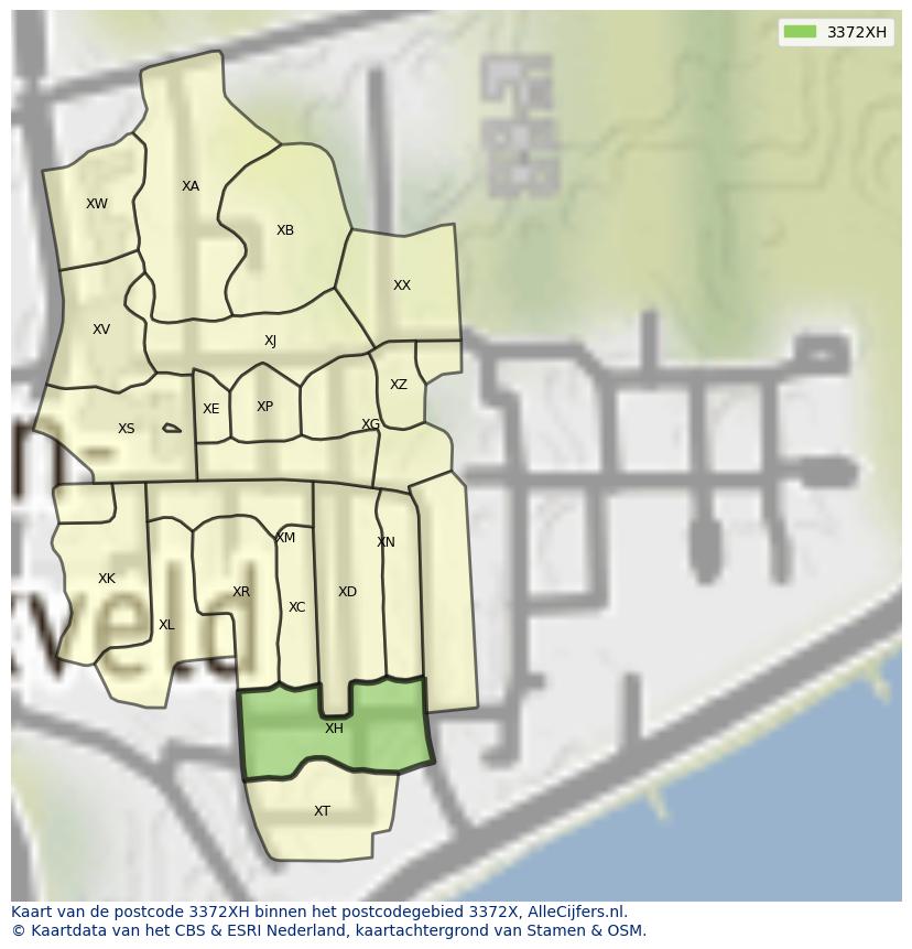 Afbeelding van het postcodegebied 3372 XH op de kaart.