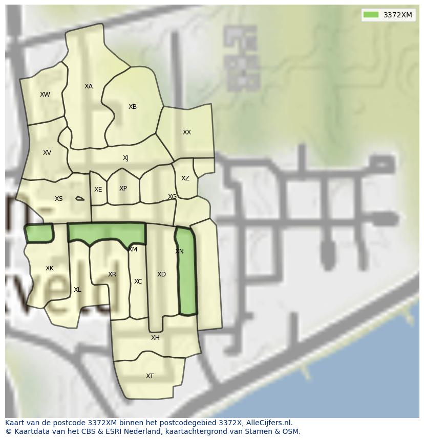 Afbeelding van het postcodegebied 3372 XM op de kaart.