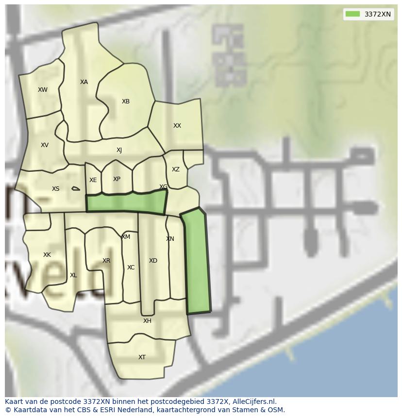 Afbeelding van het postcodegebied 3372 XN op de kaart.