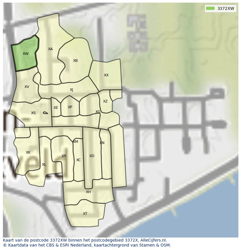 Afbeelding van het postcodegebied 3372 XW op de kaart.