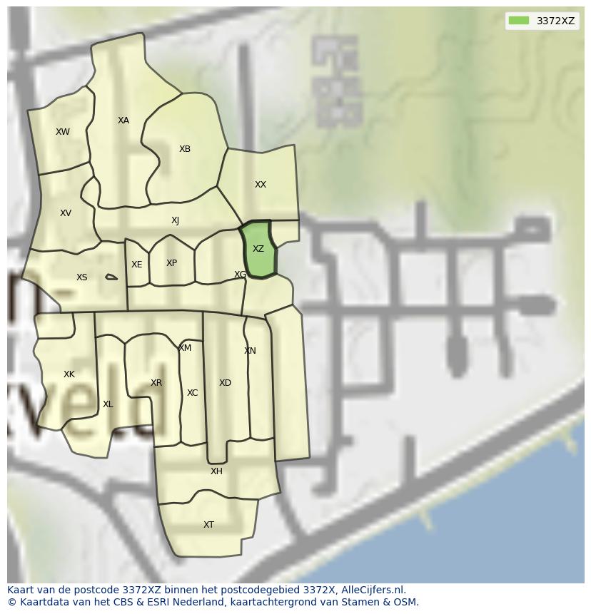 Afbeelding van het postcodegebied 3372 XZ op de kaart.