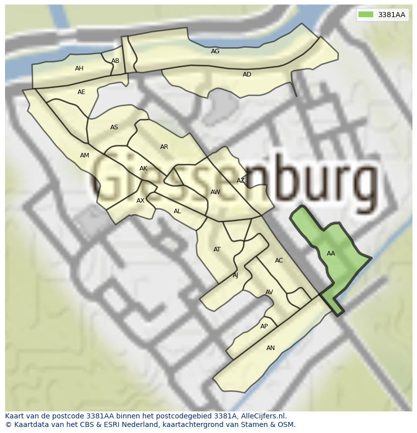 Afbeelding van het postcodegebied 3381 AA op de kaart.