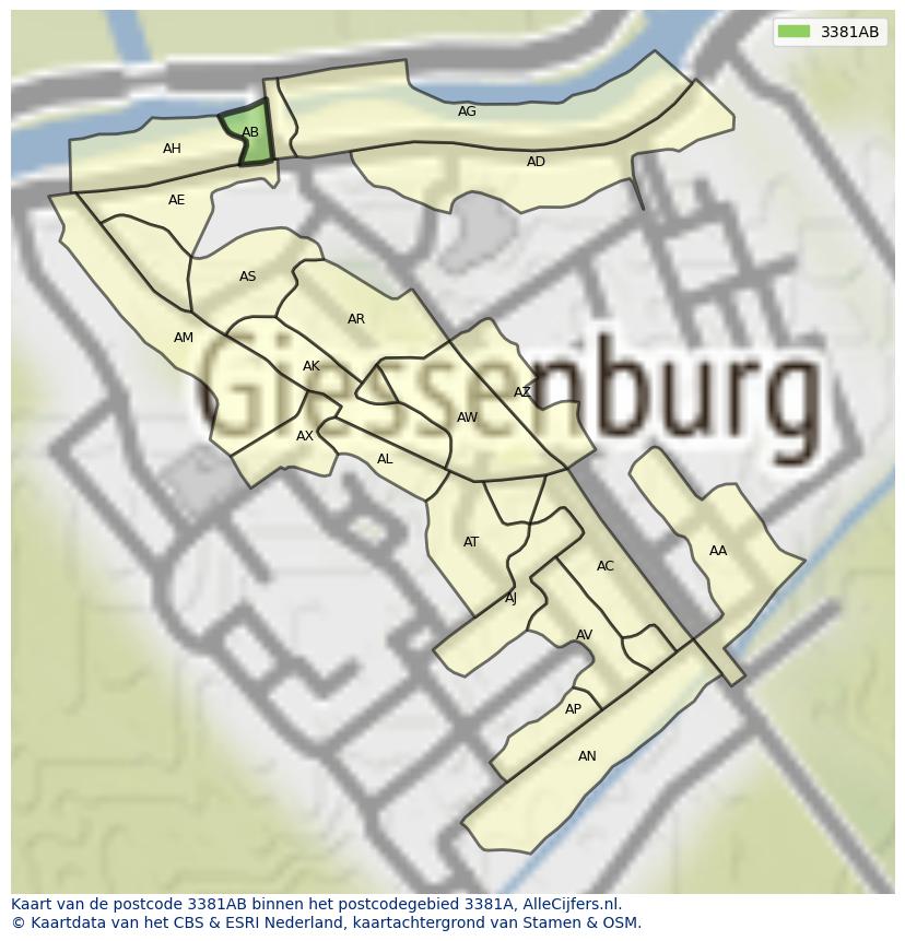 Afbeelding van het postcodegebied 3381 AB op de kaart.