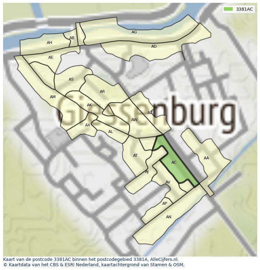 Afbeelding van het postcodegebied 3381 AC op de kaart.